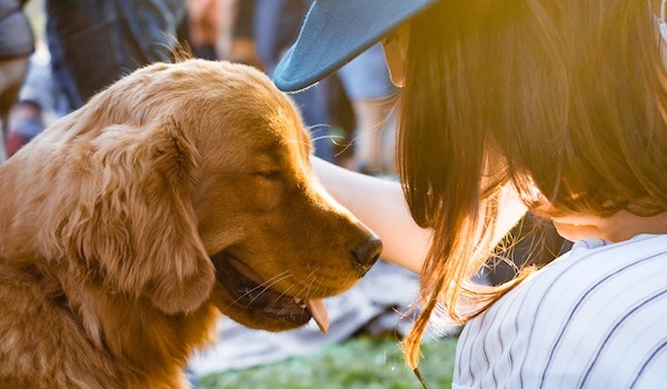 woman face to face with dog