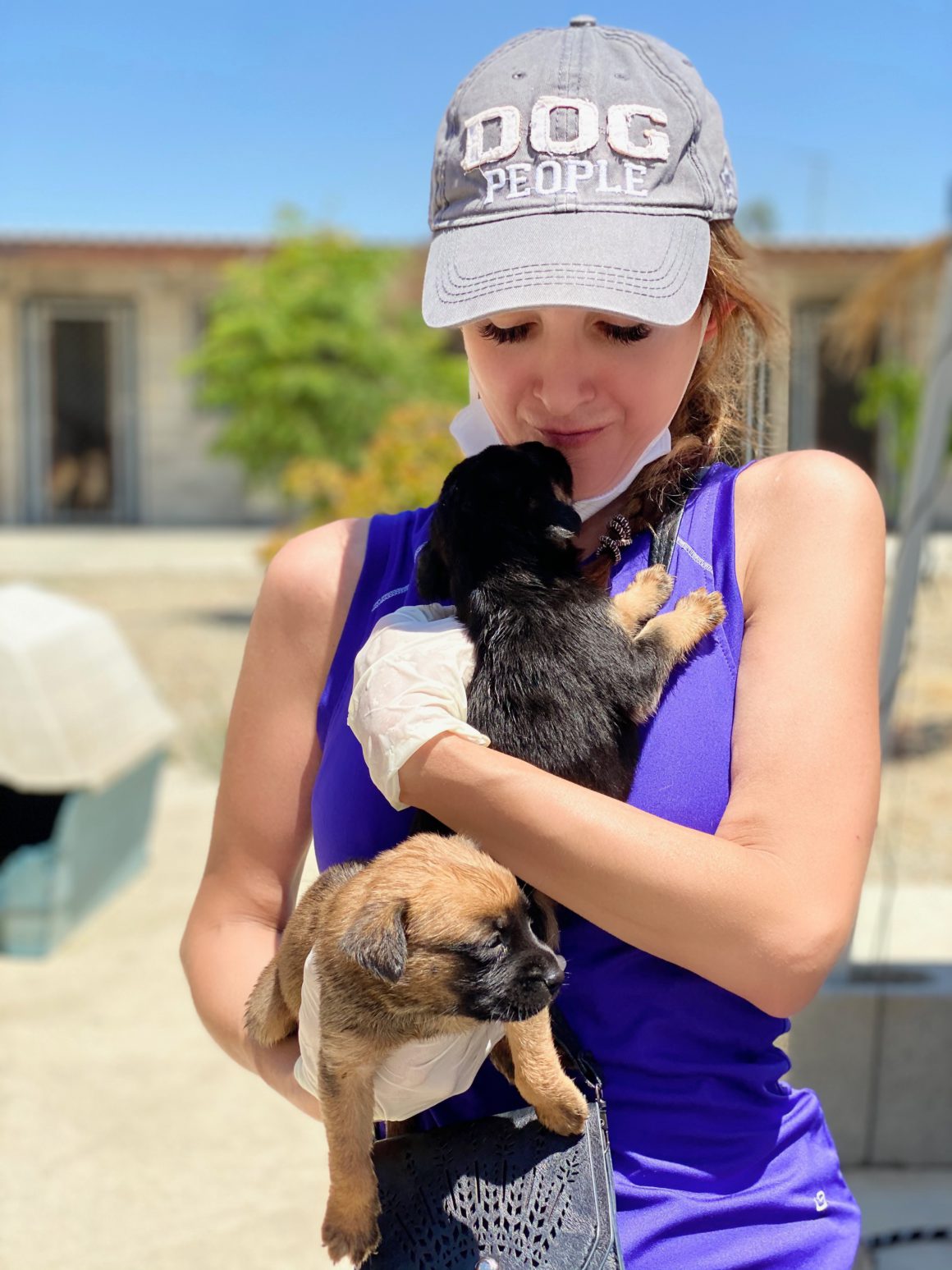 Shira Astrof of the Animal Rescue Mission with two puppies