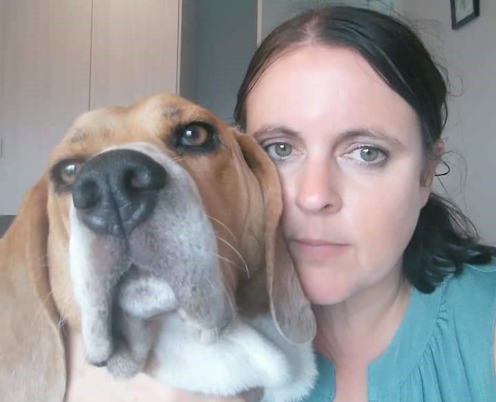 beagle and woman