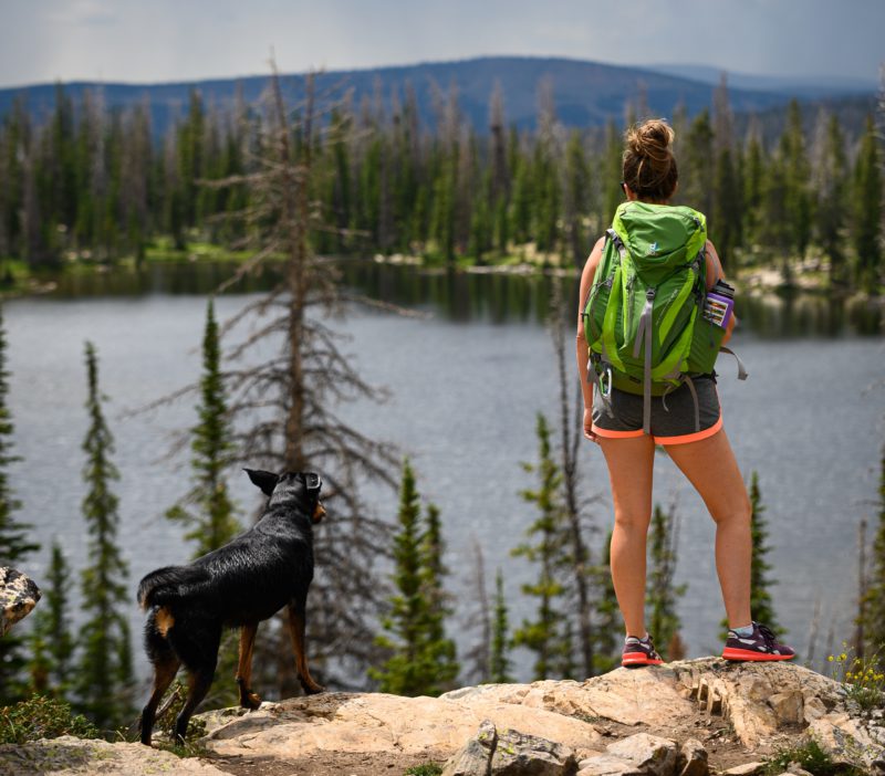 woman hiking with dog looking at lake
